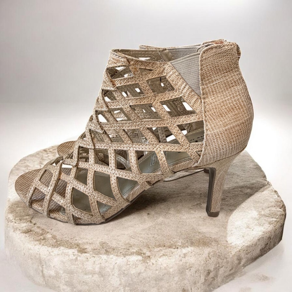 Beige Snakeskin Cage Heels Strappy Cutout Stiletto Sandals Neutral Chic